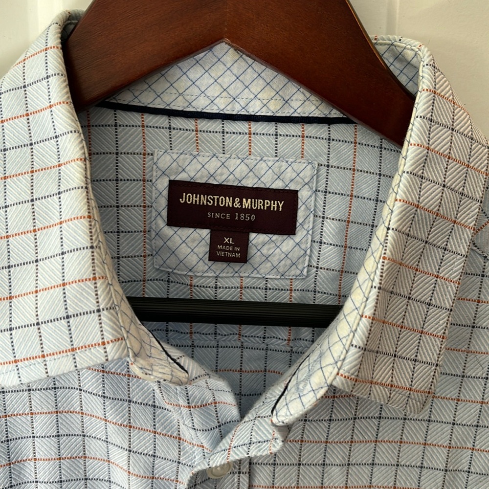 Johnston & Murphy Light Blue with Orange and Navy Plaid 💯 Cotton Sz XL